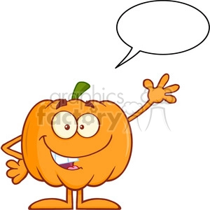 Royalty Free RF Clipart Illustration Funny Halloween Pumpkin Mascot Character Waving With Speech Bubble