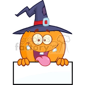 8892 Royalty Free RF Clipart Illustration Happy Witch Pumpkin Cartoon Character Over A Blank Sign Vector Illustration Isolated On White