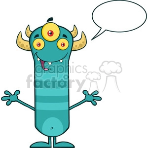 8924 Royalty Free RF Clipart Illustration Happy Horned Blue Monster Cartoon Character With Welcoming Open Arms And Speech Bubble Vector Illustration Isolated On White