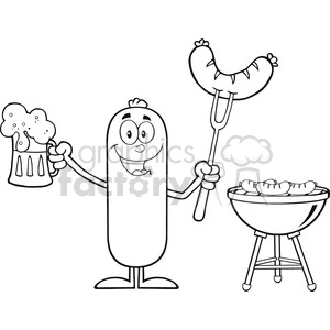8468 Royalty Free RF Clipart Illustration Black And White Happy Sausage Cartoon Character Holding A Beer And Weenie Next To BBQ Vector Illustration Isolated On White