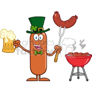 Smiling Leprechaun Sausage Cartoon Character Holding A Beer And Weenie Next To BBQ