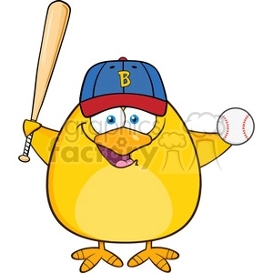 8614 Royalty Free RF Clipart Illustration Baseball Yellow Chick Cartoon Character Swinging A Baseball Bat And Ball Vector Illustration Isolated On White