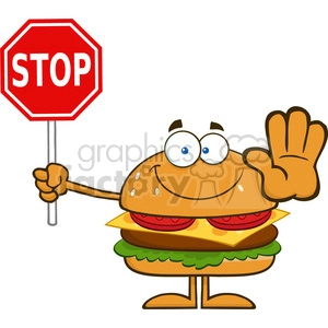 8575 Royalty Free RF Clipart Illustration Hamburger Cartoon Character Holding A Stop Sign Vector Illustration Isolated On White