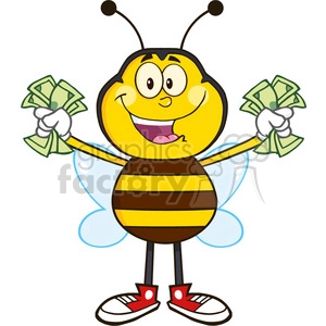 8377 Royalty Free RF Clipart Illustration Happy Bee Cartoon Mascot Character With Cash Vector Illustration Isolated On White