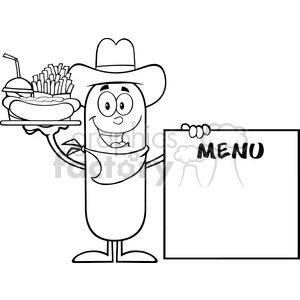 8497 Royalty Free Black And White Cowboy Sausage Cartoon Character Carrying A Hot Dog, French Fries And Cola Next To Menu Board Vector Illustration Isolated On White