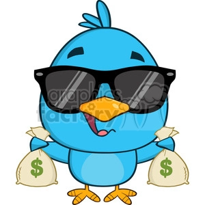 8846 Royalty Free RF Clipart Illustration Cute Blue Bird With Sunglasses Cartoon Character Holding A Bags Of Money Vector Illustration Isolated On White