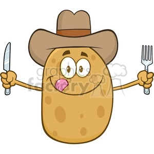 8797 Royalty Free RF Clipart Illustration Cowboy Potato Cartoon Character With Knife And Fork Vector Illustration Isolated On White
