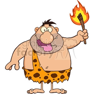 8423 Royalty Free RF Clipart Illustration Happy Caveman Cartoon Character Holding Up A Fiery Torch Vector Illustration Isolated On White