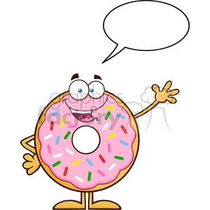 8667 Royalty Free RF Clipart Illustration Cute Donut Cartoon Character With Sprinkles Waving Vector Illustration Isolated On White With Speech Bubble
