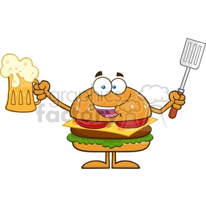 8577 Royalty Free RF Clipart Illustration Happy Hamburger Cartoon Character Holding A Beer And Bbq Slotted Spatula Vector Illustration Isolated On White