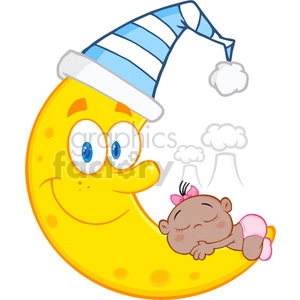 7000 Royalty Free RF Clipart Illustration Cute Baby Girl Sleeps On The Smiling Moon With Sleeping Hat