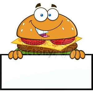 8576 Royalty Free RF Clipart Illustration Hamburger Cartoon Character Over A Blank Sign Vector Illustration Isolated On White