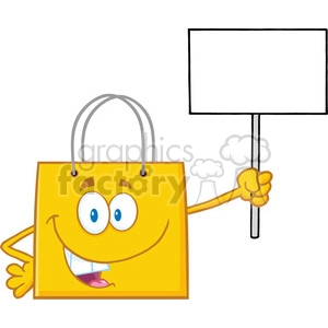 8759 Royalty Free RF Clipart Illustration Yellow Shopping Bag Cartoon Character Holding Up A Blank Sign Vector Illustration Isolated On White