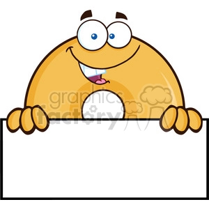 8649 Royalty Free RF Clipart Illustration Donut Cartoon Character Over A Sign Vector Illustration Isolated On White 01