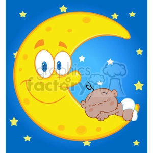6992 Royalty Free RF Clipart Illustration Cute Baby Boy Sleeps On The Smiling Moon Over Blue Sky With Stars