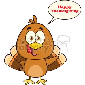 8976 Royalty Free RF Clipart Illustration Cute Turkey Bird Cartoon Character Waving With Speech Bubble And Text Vector Illustration Isolated On White