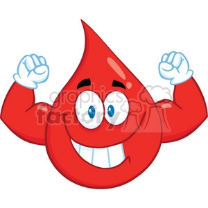 Royalty Free RF Clipart Illustration Smiling Red Blood Drop Cartoon Mascot Character Showing Muscle Arms