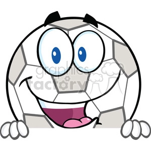 7360 Royalty Free RF Clipart Illustration Happy Soccer Ball Cartoon Character Over Blank Sign