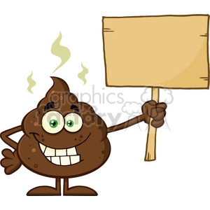 royalty free rf clipart illustration funny poop cartoon mascot character holding a blank wood sign vector illustration isolated on white