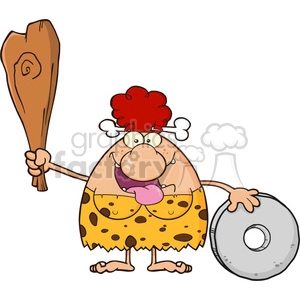happy red hair cave woman cartoon mascot character holding a club and showing whell vector illustration