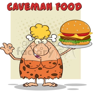 chef cave woman cartoon mascot character holding a big burger and gesturing ok vector illustration with text caveman food