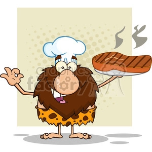 9913 chef male caveman cartoon mascot character holding up a platter with big grilled steak and gesturing ok vector illustration