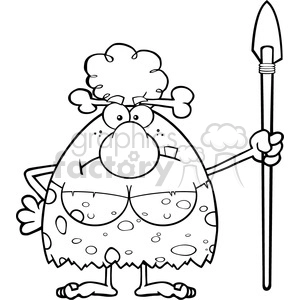 black and white angry cave woman cartoon mascot character standing with a spear vector illustration