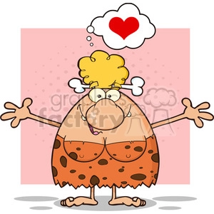 smiling cave woman cartoon mascot character with open arms and a heart vector illustration