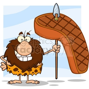 smiling male caveman cartoon mascot character holding a spear with big grilled steak vector illustration