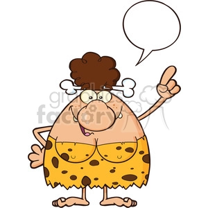 smiling brunette cave woman cartoon mascot character pointing with speech bubble vector illustration