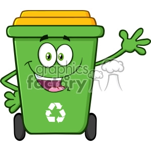 Happy Green Recycle Bin Cartoon Mascot Character Waving For Greeting Vector