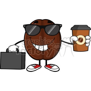 illustration businessman coffee bean cartoon mascot character with sunglases and briefcase holding a coffe cup to go vector illustration isolated on white