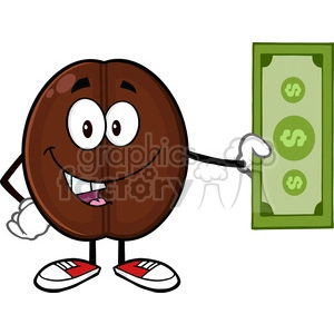 illustration coffee bean cartoon mascot character holding a dollar bill vector illustration isolated on white