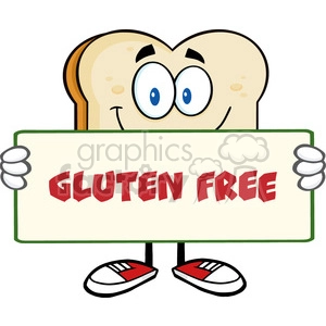 illustration bread slice cartoon mascot character holding a sign vector illustration with text gluten free isolated on white background