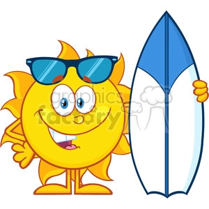 10115 happy sun cartoon mascot character with sunglasses holding a surf board vector illustration isolated on white background