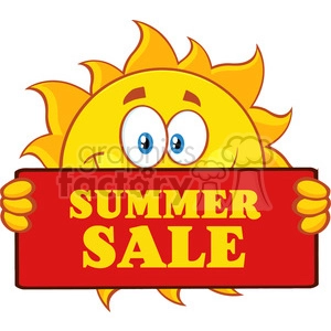 cute sun cartoon mascot character holding a sign with text summer sale vector illustration isolated on white background