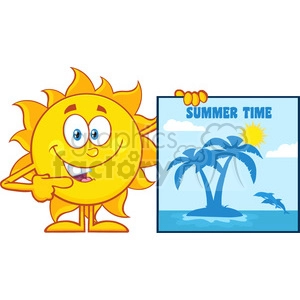 10132 talking sun cartoon mascot character pointing to a poster sign with tropical island and text summer time vector illustration isolated on white background