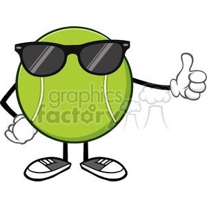 tennis ball faceless cartoon mascot character with sunglasses giving a thumb up vector illustration isolated on white background