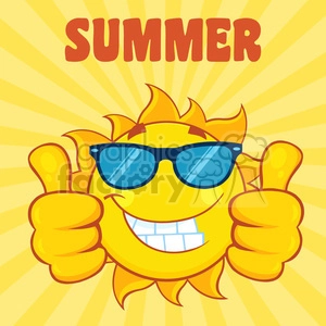 smiling sun cartoon mascot character with sunglasses giving a double thumbs up vector illustration with yellow sunburst background and text summer