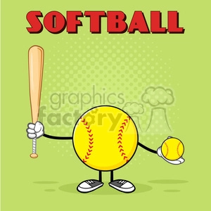softball faceless player cartoon mascot character holding a bat and ball vector illustration with green halfone background and text softball