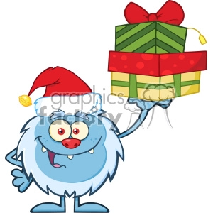 Smiling Little Yeti Cartoon Mascot Character With Santa Hat Holding Up A Gifts Vector