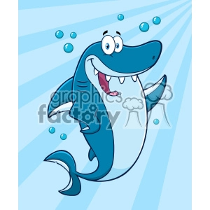Clipart Happy Blue Shark Cartoon Waving For Greeting Under Water Vector With Blue Sunburst Background