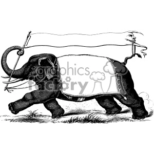 The clipart image depicts a vintage circus elephant carrying banners with ribbons in black and white. The image appears to be from around 1880, giving it a retro and old-fashioned feel. There is no visible tattoo in the image.
