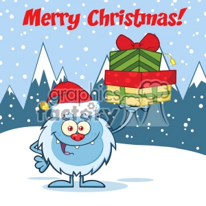 Smiling Little Yeti Cartoon Mascot Character With Santa Hat Holding Up A Gifts Vector Over Snow Montains Background With Text Merry Christmas