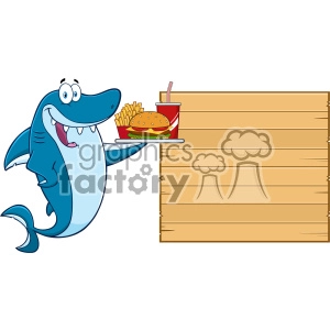 This clipart image features a cartoon shark character holding a tray with a hamburger, fries, and a drink, standing next to a wooden blank signboard that can be customized with text. The shark has a friendly and funny expression, which adds a whimsical touch to the image. The character could be used as a mascot for a food-related business or promotion.