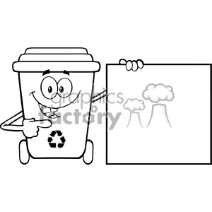 Talking Black And White Recycle Bin Cartoon Mascot Character Pointing To A Blank Sign Banner Vector