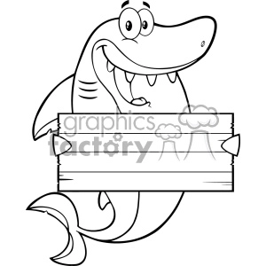 The clipart image features a cartoon shark character holding a blank wooden sign. The shark is smiling, has a friendly appearance, and is standing upright. This comical portrayal of a shark gives it a friendly mascot appeal, which could be used for a variety of purposes, including children's content, educational material, or as a brand mascot.