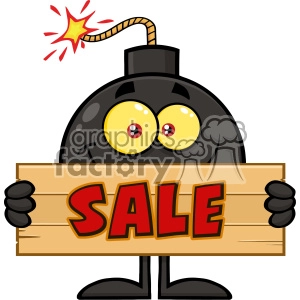 10788 Royalty Free RF Clipart Smiling Bomb Cartoon Mascot Character Holding Sale Wooden Sign Vector Illustration