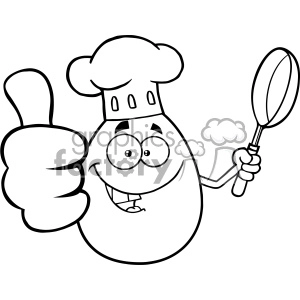 10963 Royalty Free RF Clipart Black And White Chef Egg Cartoon Mascot Character Showing Thumbs Up And Holding A Frying Pan Vector Illustration