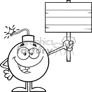 10803 Royalty Free RF Clipart Black And White Smiling Bomb Cartoon Mascot Character Holding A Wooden Blank Sign Vector Illustration